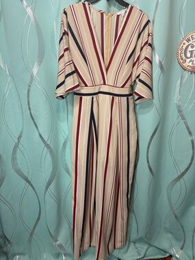 FAVLUX Beige Midi Dress with Red & Navy Stripes